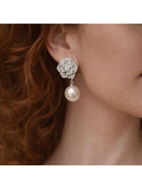 Rose Pearl Flower Silver Crystal Earrings
